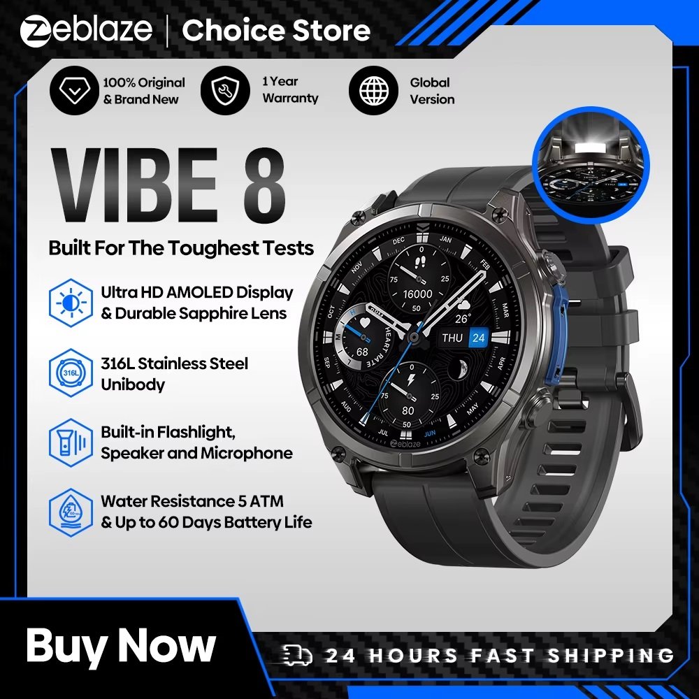 جديد Zeblaze VIBE 8 AMOLED عرض المدمج في مصباح يدوي Smartwatch الياقوت