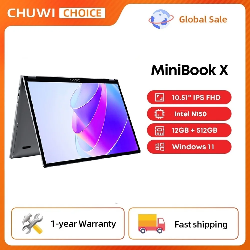 كمبيوتر محمول CHUWI MiniBook X N150 بشاشة 10.51 بوصة وذاكرة وصول عشوائي 16 جيجابايت12 جيجابايت وذاكرة وصول عشوائي 512 جيجابايت SSD 2 في 1