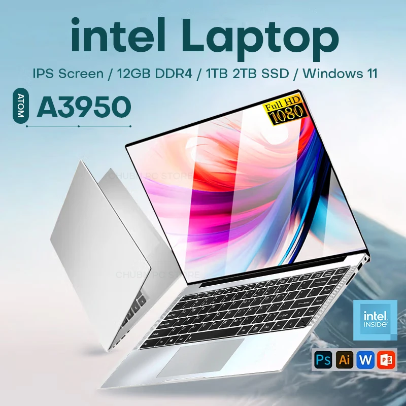 كمبيوتر محمول Windows 11 Pro Intel Atom A3950 2025 كمبيوتر محمول 12 جيجابايت رام 512 جيجابايت 1 تيرا بايت 2 تيرا بايت SSD 1920x1080P كمبيوتر مكتبي للدراسة